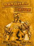 Gold-colored bust of a person with 'Satchel Paige' text above, on a gold background.