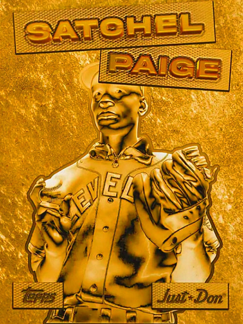 Gold-colored bust of a person with 'Satchel Paige' text above, on a gold background.