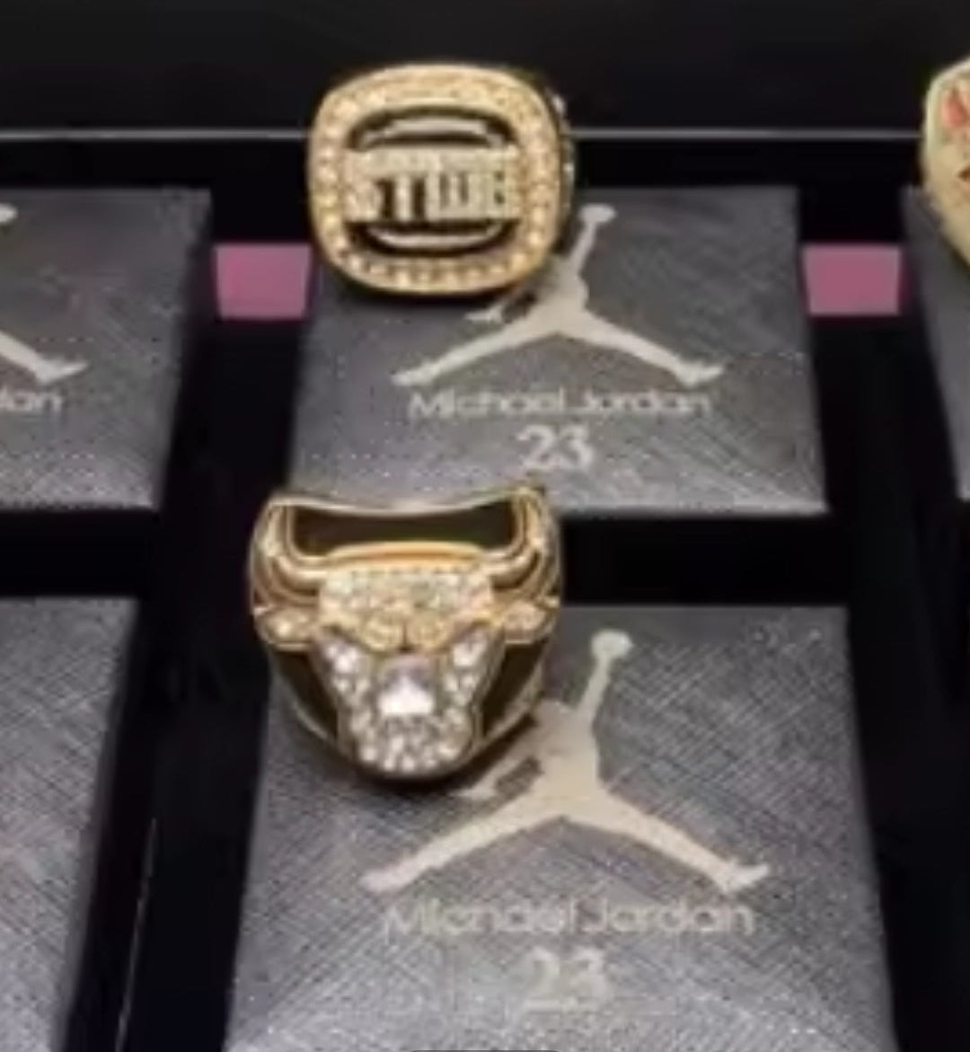 BRAND NEW! M.J #23 THE G.O.A.T CHICAGO BULLS NBA CHAMPIONSHIP RINGS (6 RINGS) SIZE 11 VINTAGE 18k GOLD STERLING SILVER w/BLACK LOGO RING BOXES BUNDLE SET!