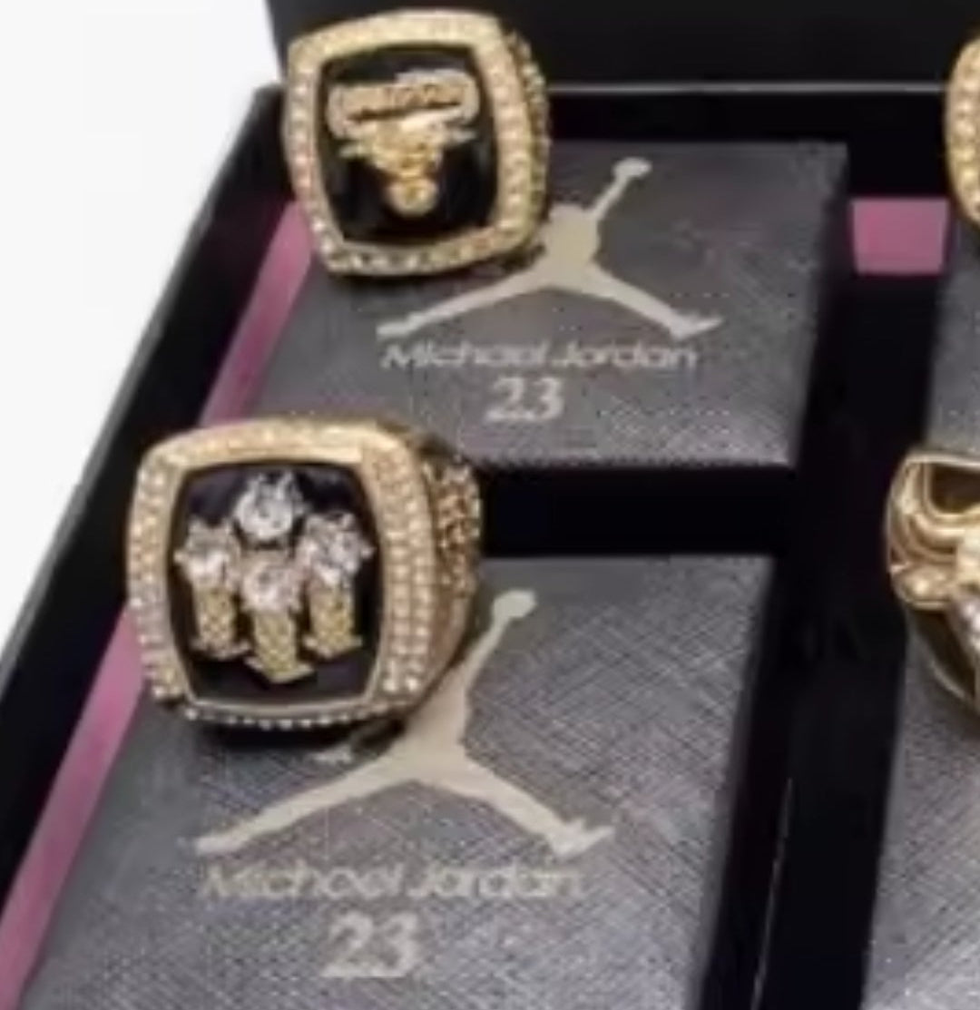 BRAND NEW! M.J #23 THE G.O.A.T CHICAGO BULLS NBA CHAMPIONSHIP RINGS (6 RINGS) SIZE 11 VINTAGE 18k GOLD STERLING SILVER w/BLACK LOGO RING BOXES BUNDLE SET!