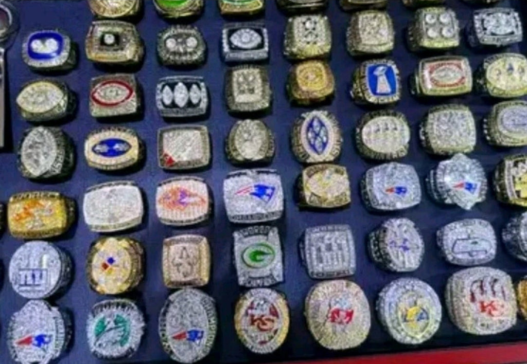 NFL Team Rings Set Of 58 Rings Size 11 Mega 18k Gold Sterling Silver Bundle Set With Mini NFL Trophy🏆And Hardwood Championship Ring Set Display Protection Holder!