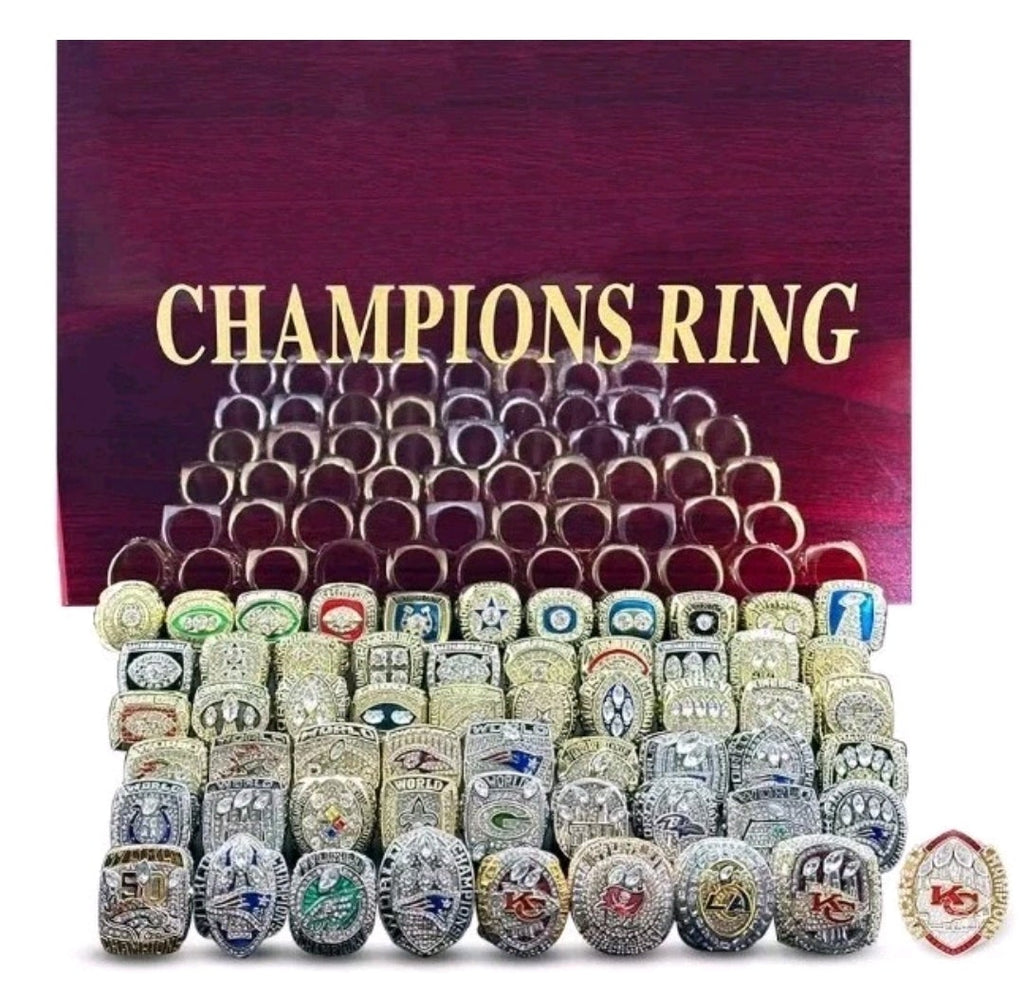 NFL Team Rings Set Of 58 Rings Size 11 Mega 18k Gold Sterling Silver Bundle Set With Mini NFL Trophy🏆And Hardwood Championship Ring Set Display Protection Holder!