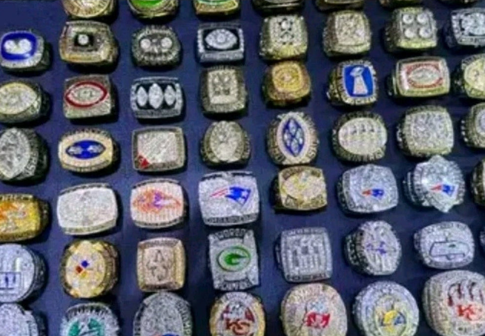 NFL Team Rings Set Of 58 Rings Size 11 Mega 18k Gold Sterling Silver Bundle Set With Mini NFL Trophy🏆And Hardwood Championship Ring Set Display Protection Holder!