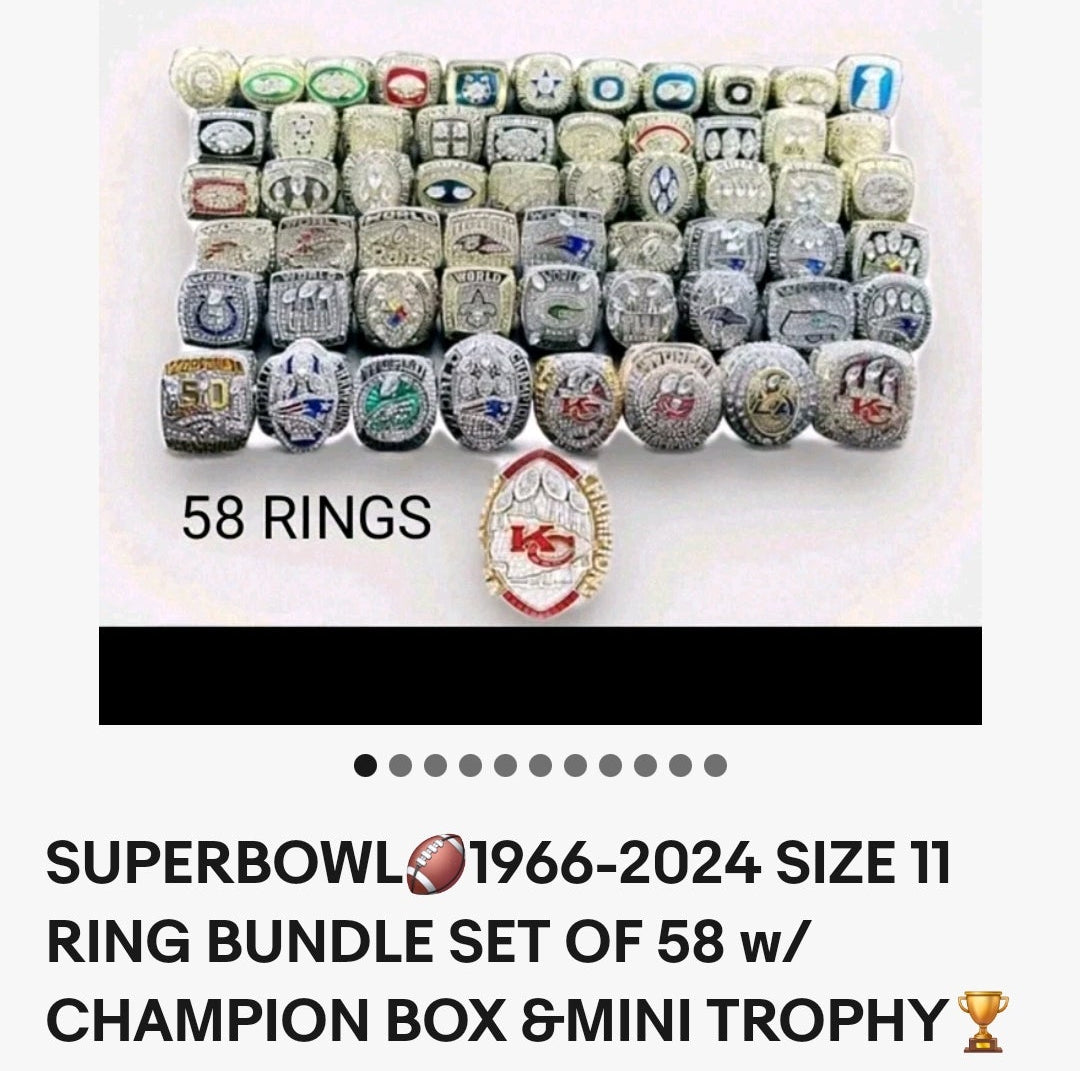 NFL Team Rings Set Of 58 Rings Size 11 Mega 18k Gold Sterling Silver Bundle Set With Mini NFL Trophy🏆And Hardwood Championship Ring Set Display Protection Holder!