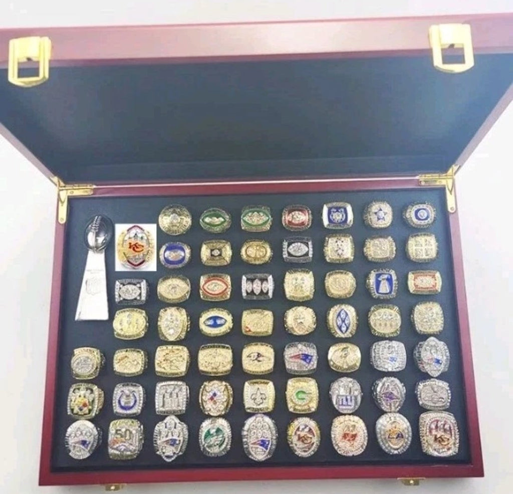 NFL Team Rings Set Of 58 Rings Size 11 Mega 18k Gold Sterling Silver Bundle Set With Mini NFL Trophy🏆And Hardwood Championship Ring Set Display Protection Holder!