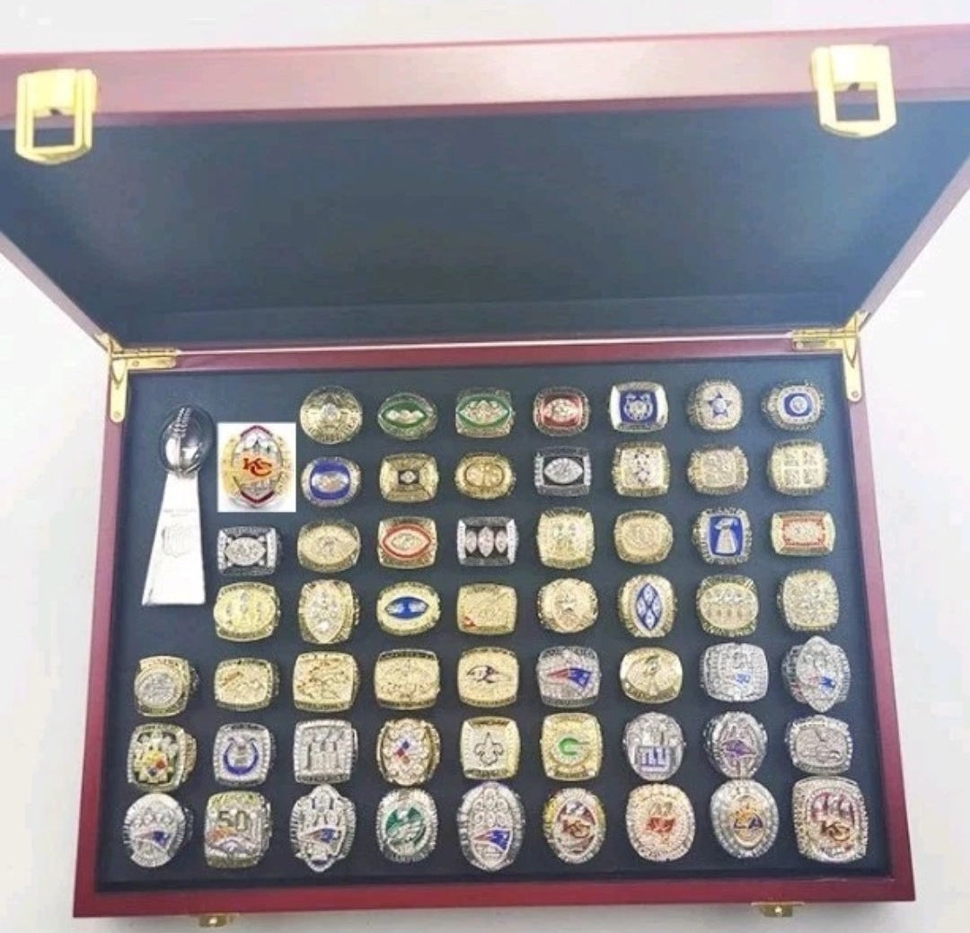 NFL Team Rings Set Of 58 Rings Size 11 Mega 18k Gold Sterling Silver Bundle Set With Mini NFL Trophy🏆And Hardwood Championship Ring Set Display Protection Holder!