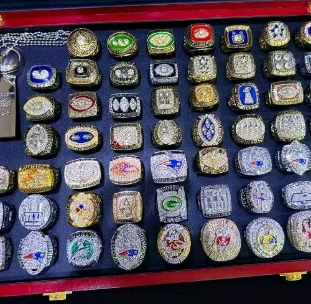 NFL Team Rings Set Of 58 Rings Size 11 Mega 18k Gold Sterling Silver Bundle Set With Mini NFL Trophy🏆And Hardwood Championship Ring Set Display Protection Holder!