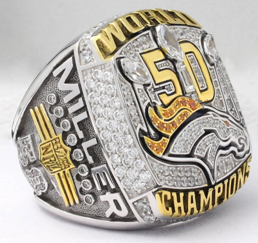 BRAND NEW!💯 HAND-MADE🖐️VON MILLER 2015 COLLECTORS SOUVENIR FOOTBALL SIZE 11 FAN RING WITH BRAND NEW! BLACK DISPLAY PROTECTION RING BOX AND SIX BRAND NEW! VON MILLER DENVER BRONCOS 8.5x11 ULTRA PREMIUM GLOSSY 2015 CHAMPIONSHIP REPRINT POSTERS!🤩