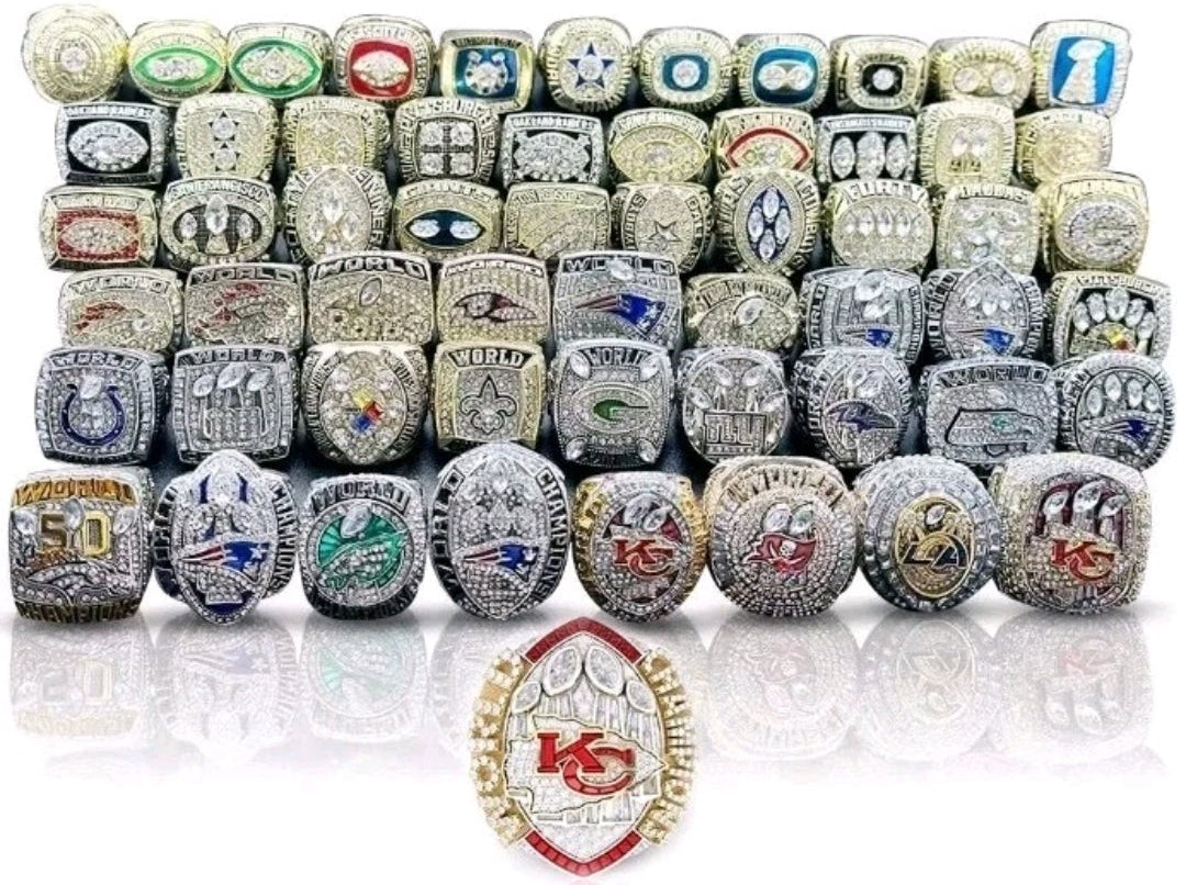 NFL Team Rings Set Of 58 Rings Size 11 Mega 18k Gold Sterling Silver Bundle Set With Mini NFL Trophy🏆And Hardwood Championship Ring Set Display Protection Holder!