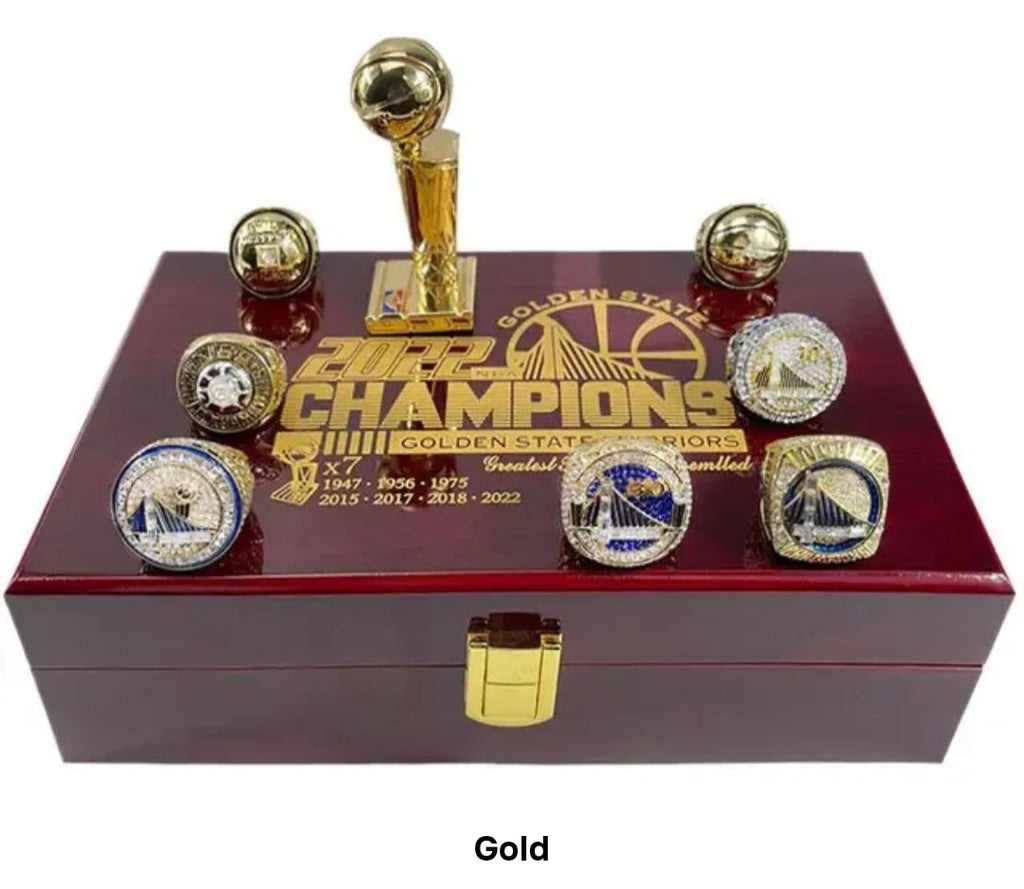 BRAND NEW! STEPHEN CURRY,RICK BARRY AND MORE HANDMADE 7x NBA CHAMPIONSHIP RINGS SIZE 11 GOLDEN STATE WARRIORS 18k 3x GOLD PLATED STERLING SILVER RINGS WITH BRAND NEW! LARGE WOOD 7x CHAMPIONSHIP DISPLAY CASE WARRIORS RING BOX AND CHAMPIONSHIP TROPHY SET!