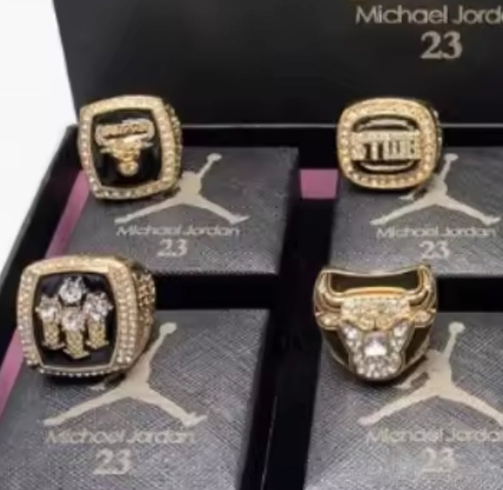 BRAND NEW! M.J #23 THE G.O.A.T CHICAGO BULLS NBA CHAMPIONSHIP RINGS (6 RINGS) SIZE 11 VINTAGE 18k GOLD STERLING SILVER w/BLACK LOGO RING BOXES BUNDLE SET!