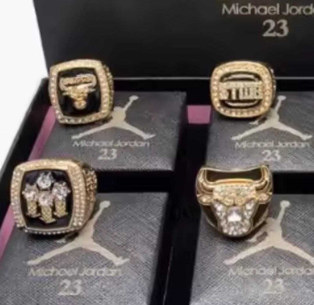 BRAND NEW! M.J #23 THE G.O.A.T CHICAGO BULLS NBA CHAMPIONSHIP RINGS (6 RINGS) SIZE 11 VINTAGE 18k GOLD STERLING SILVER w/BLACK LOGO RING BOXES BUNDLE SET!