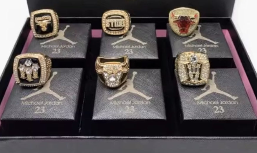 BRAND NEW! M.J #23 THE G.O.A.T CHICAGO BULLS NBA CHAMPIONSHIP RINGS (6 RINGS) SIZE 11 VINTAGE 18k GOLD STERLING SILVER w/BLACK LOGO RING BOXES BUNDLE SET!