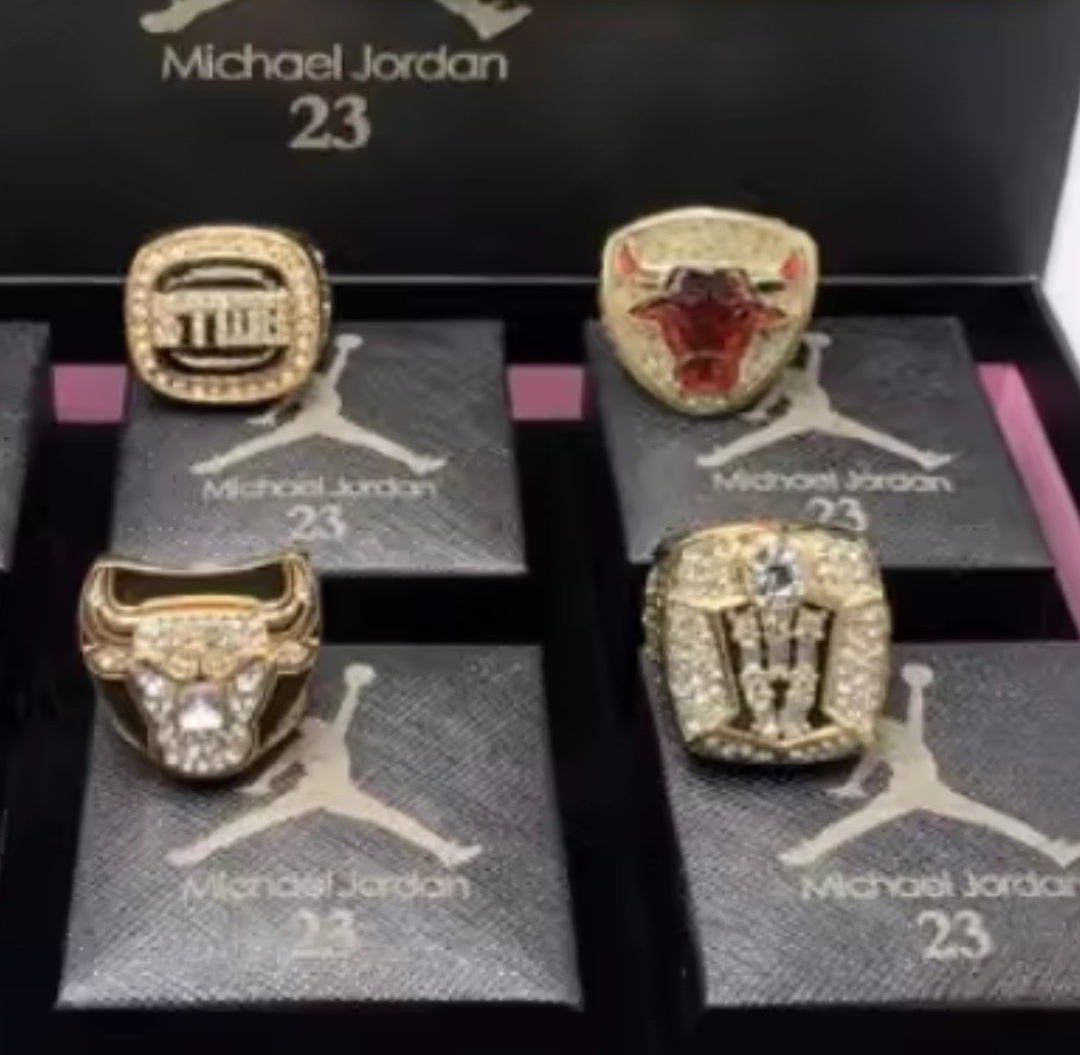 BRAND NEW! M.J #23 THE G.O.A.T CHICAGO BULLS NBA CHAMPIONSHIP RINGS (6 RINGS) SIZE 11 VINTAGE 18k GOLD STERLING SILVER w/BLACK LOGO RING BOXES BUNDLE SET!