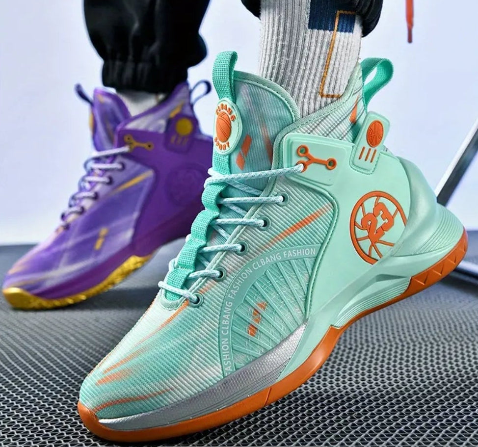 BRAND NEW! PURPLE AND GOLD,BLACK AND WHITE,AND GREEN AND ORANGE SPORTS ATHLETIC MEN’S SIZES 6.5-11 BASKETBALL SHOES