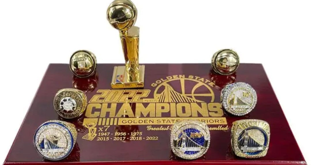 BRAND NEW! STEPHEN CURRY,RICK BARRY AND MORE HANDMADE 7x NBA CHAMPIONSHIP RINGS SIZE 11 GOLDEN STATE WARRIORS 18k 3x GOLD PLATED STERLING SILVER RINGS WITH BRAND NEW! LARGE WOOD 7x CHAMPIONSHIP DISPLAY CASE WARRIORS RING BOX AND CHAMPIONSHIP TROPHY SET!