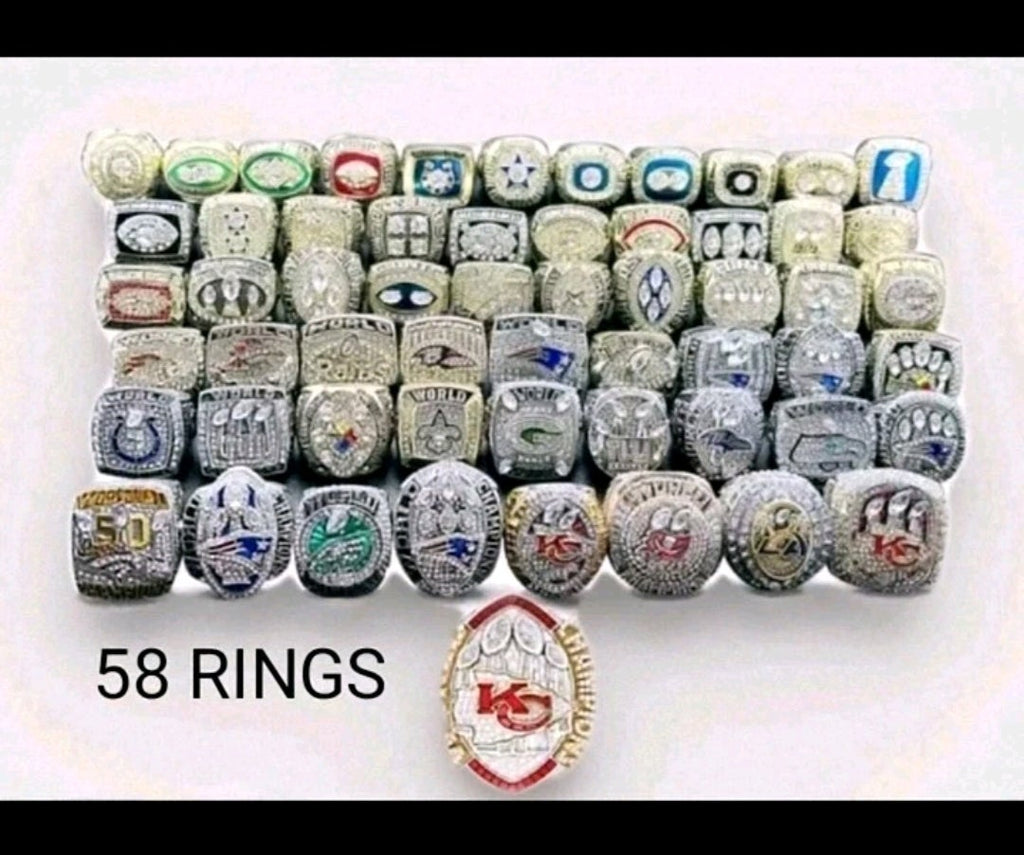 NFL Team Rings Set Of 58 Rings Size 11 Mega 18k Gold Sterling Silver Bundle Set With Mini NFL Trophy🏆And Hardwood Championship Ring Set Display Protection Holder!
