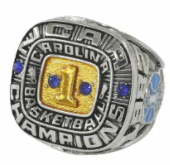 NEW!💯 HAND-MADE🖐️NORTH CAROLINA 1982 COLLECTORS SOUVENIR COLLEGE BASKETBALL CHAMPIONSHIP SIZE 11 FAN RING WITH RING BOX AND POSTERS FEATURING THE G.O.A.T🐐!