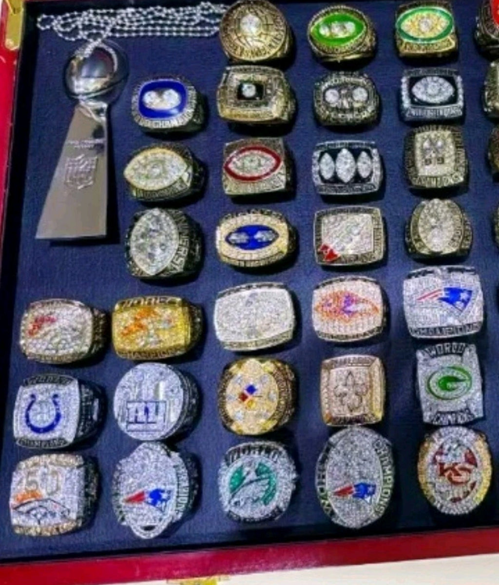 NFL Team Rings Set Of 58 Rings Size 11 Mega 18k Gold Sterling Silver Bundle Set With Mini NFL Trophy🏆And Hardwood Championship Ring Set Display Protection Holder!